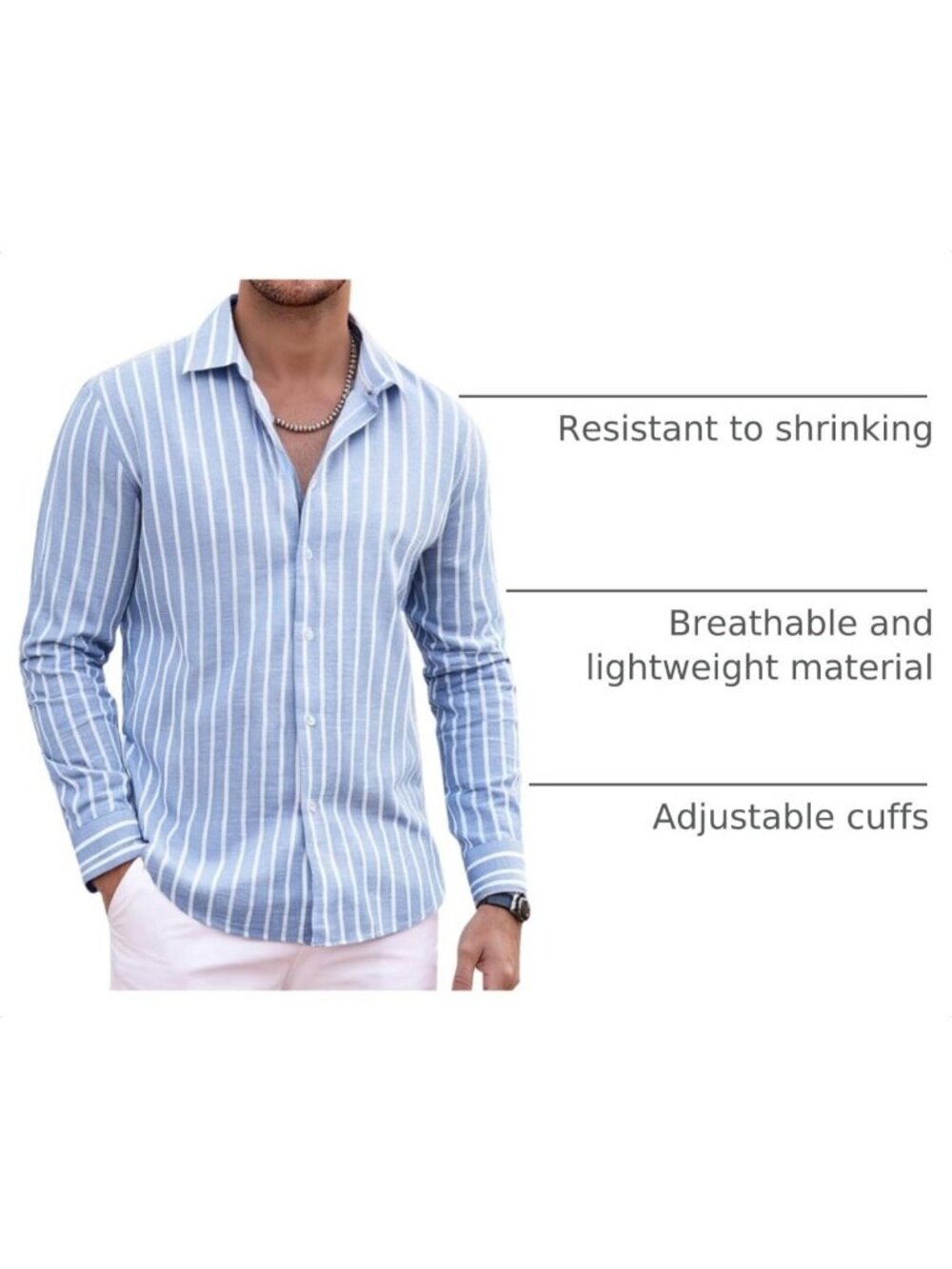 Men's Striped Linen Long Sleeve Button Down Beach Shirt - Lightweight & Stylish - Picture 4 of 8